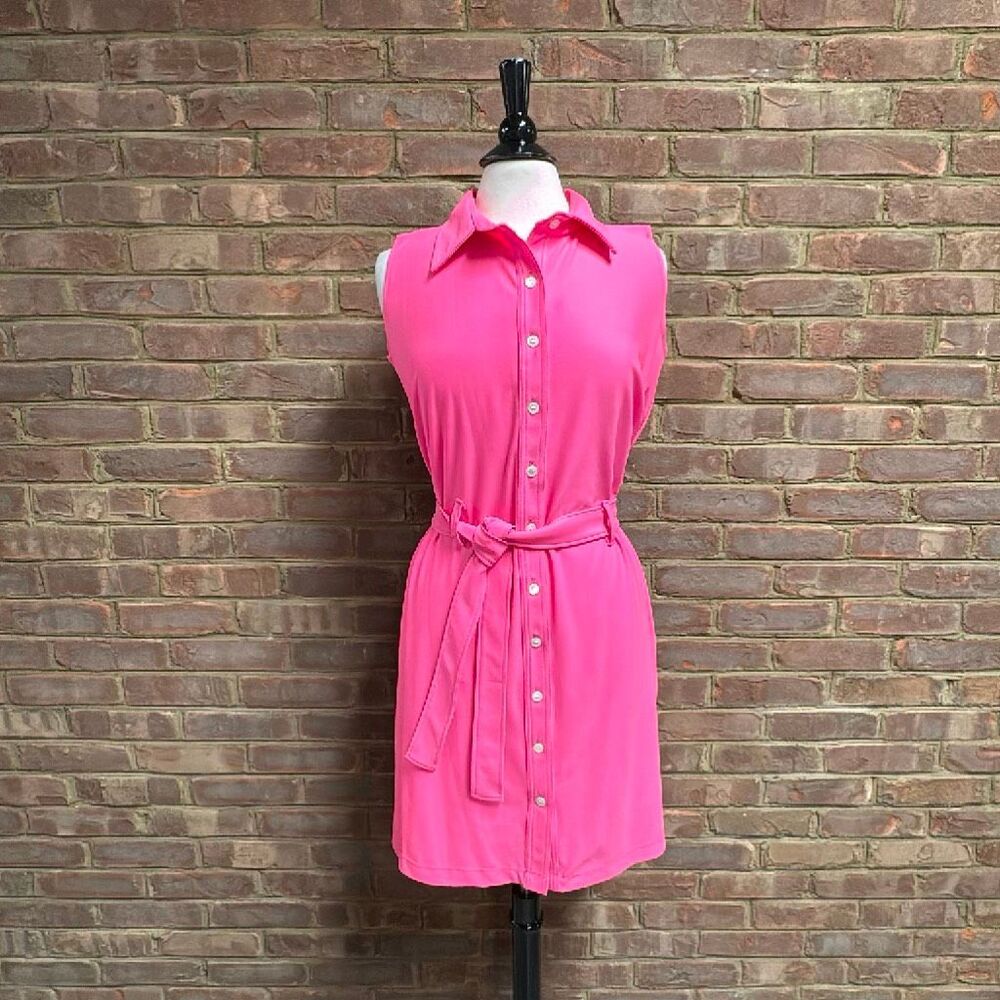 Katherine Way Women’s Pink Sleeveless Button Front Belted Dress Sz M